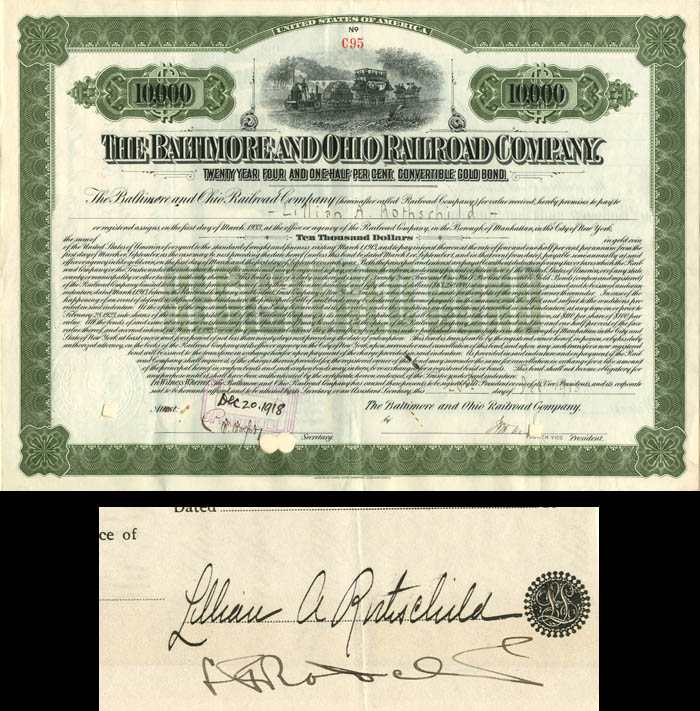 Baltimore and Ohio Railroad Co. Issued to and Signed by Lillian Rothschild
